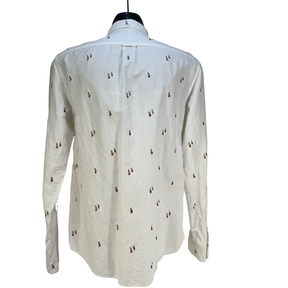 J. Crew Oxford White Embroidered Sailboat Button Down Slim Shirt Cotton